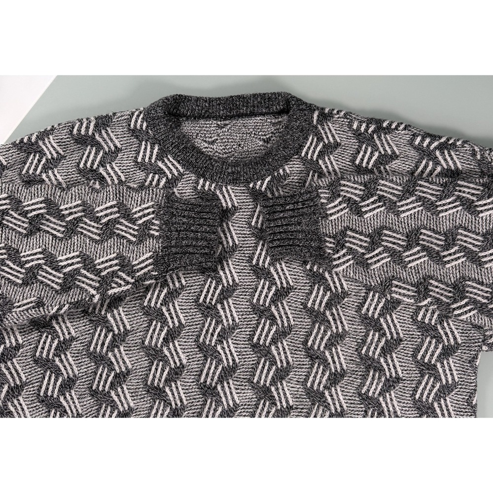 Knit‎ Sweater Mens L Geometric Pattern Gray Light Weight Preppy